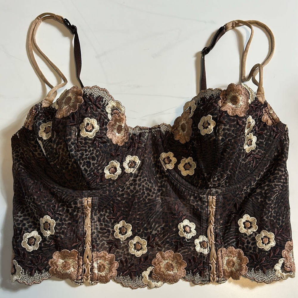 Vintage Felina Lingerie Brown Floral embroidered mesh corset size 36B padded